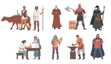 Medieval People Male And Female Cartoon Character Set Flat Vector Isolated Illustration. Priest, Peasants, Executioner, Plague Doctor, Blacksmith, Musician, Minstrel, Royal Courtier. Medieval Clothing