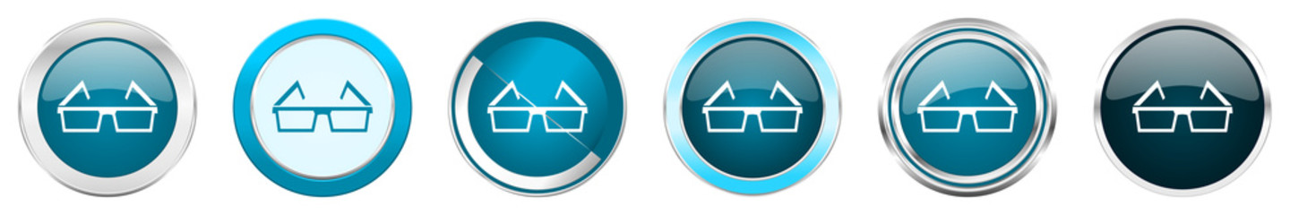 Aufkleber - 3d glasses silver metallic chrome border icons in 6 options, set of web blue round buttons isolated on white background
