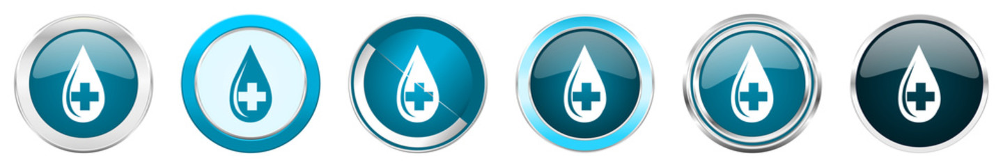 Aufkleber - Blood silver metallic chrome border icons in 6 options, set of web blue round buttons isolated on white background