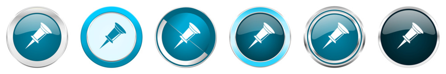 Aufkleber - Pin silver metallic chrome border icons in 6 options, set of web blue round buttons isolated on white background