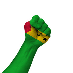 Hand making victory sign, sao tome and principe painted with flag as symbol of victory, resistance, fight, power, protest, success - isolated on white background