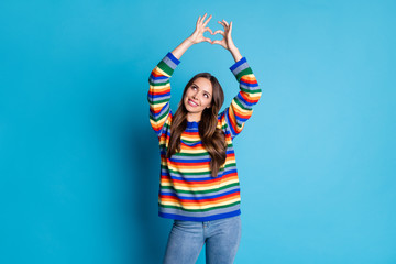 Sticker - Portrait of her she nice attractive lovely cheerful brown-haired lady rising hands showing heart shape cardiology human health care healthcare isolated bright vivid shine vibrant blue color background