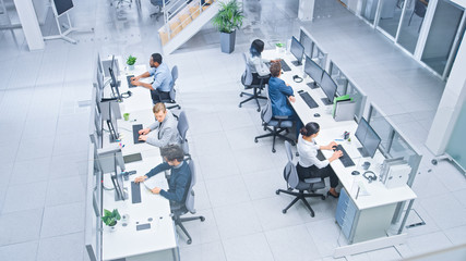Poster - Diverse Multinational Team of Business Managers and Specialists Work on Desktop Computers, Have Discussion with Colleagues. Young and Motivated Business People in Modern Open Office. Shot from Above.