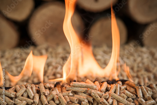 Fotomural Close-up of burning wooden pellets. Biomass