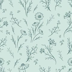 Naklejka na meble Vintage seamless floral pattern. Spring flowers and herbs. Botanical vector illustration.