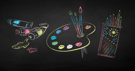 Wall Mural - chalk drawn illustration set of artists supplies
