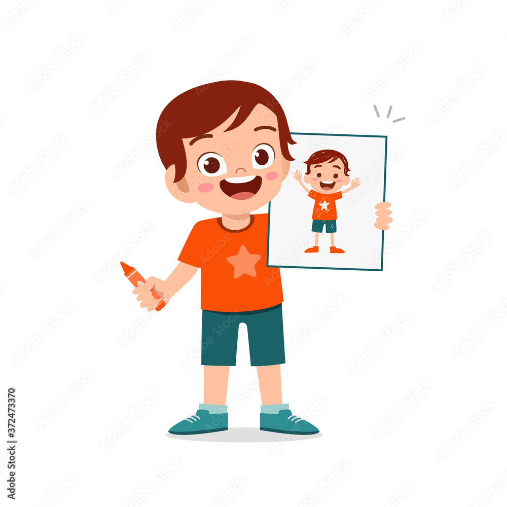 happy cute little kid boy and girl draw with crayon on paper Stock ...