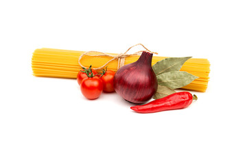 Raw Pasta with ingredients on white background