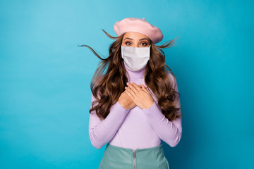 Poster - Portrait of her she nice attractive fashionable wavy-haired girl wearing safety mask hoping stop viral pandemia medicine insurance isolated bright vivid shine vibrant blue color background