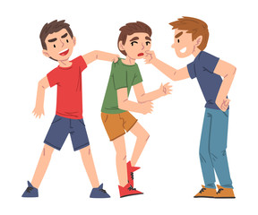 Canvas Print - Sad Boy Bullied by Classmates, Two Boys Mocking and Laughing Him, Mockery and Bullying at School Problem Cartoon Style Vector Illustration