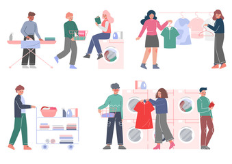 Sticker - People Doing Laundry at Home or Public Laundrette Set, Men and Women Washing, Drying and Ironing their Clothes Flat Style Vector Illustration