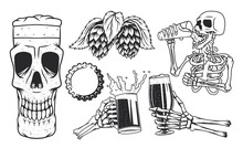 Isolated Illustrations Set Of Skeleton Hands With Beer Mugs, Skeleton Drinking Beer, Skull Beer Mug, Cup And Hop.