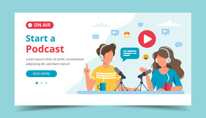 Podcasters talking to microphone recording podcast in studio. Landing page template. illustration in flat style
