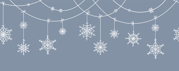 Wall Mural - Beautiful hand drawn snowflakes horizontal seamless pattern, fragile winter background, great for textiles, banners, wallpaper, wrapping - vector design