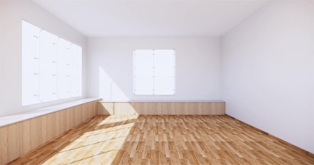 Poster - Vintage empty room interior with wooden floor on white wall background. 3D rendering