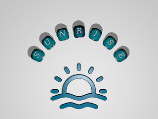 Poster - SUNRISE icon surrounded by the text of individual letters, 3D illustration for beautiful and background