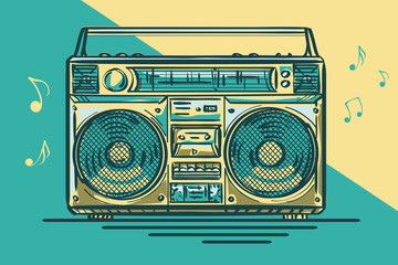 Wall Mural - Funky colorful drawn boom box tape recorder