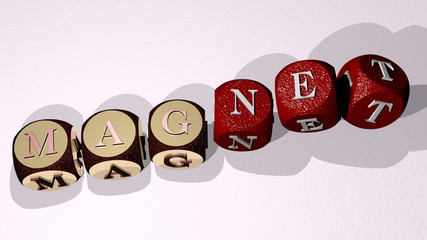 Poster - magnet text by dancing dice letters, 3D illustration for background and attract
