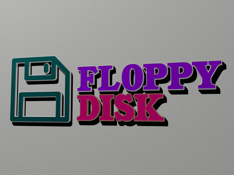 3D illustration of floppy disk graphics and text made by metallic dice letters for the related meanings of the concept and presentations for computer and icon