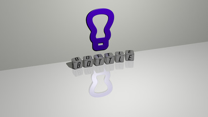 Poster - BOTTLE text of cubic dice letters on the floor and 3D icon on the wall, 3D illustration for background and glass