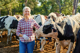 Fototapeta Zwierzęta - Farmer woman is working on farm with dairy cows