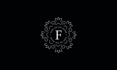 Elegant round monogram template with letter F. Creative white logo on black background. Vector illustration of business, cafe, office, restaurant, heraldry.