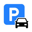 Car parking space zone icon. Parking lot. Car park. Flat vector vehicle area sign. Blue info, information board, road sign. P pictogram.