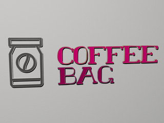 Poster - coffee bag icon and text on the wall, 3D illustration for background and cup