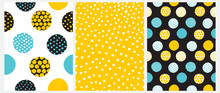 Simple Irregular Dots Seamless Vector Patterns. Yellow, Blue And Black Dots On A White, Yellow And Black Background. Infantile Style Abstract Dotted Print.