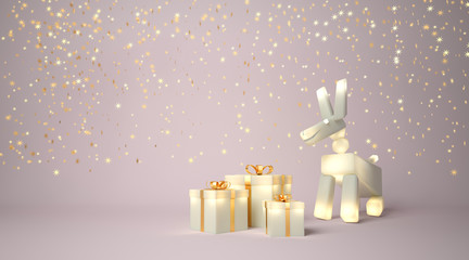 3d render of glowing dog with gift boxes and gold stars on pink background