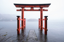 Red Torii Gate Of The Hakone Shrine Near Lake Ashi, Japan