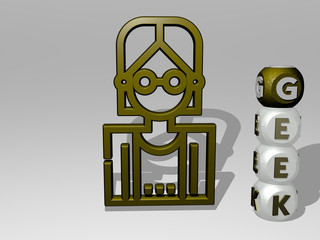 Poster - geek 3D icon beside the vertical text of individual letters, 3D illustration for cartoon and character