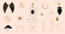 Woman Meditating With Astrology Symbols And Icons In Vector.