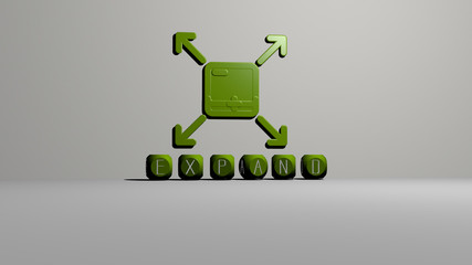 Poster - expand 3D icon on the wall and text of cubic alphabets on the floor, 3D illustration for background and business