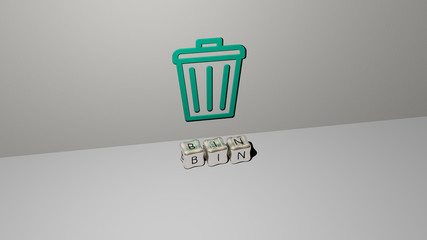 Poster - bin 3d icon on the wall and cubic letters on the floor, 3d illustration for garbage and background