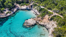 Beautiful Aerial View Of Mediterranean White Sand Beach And Turquoise Water In Menorca Spain, Cala Mitjana, Aerial Top View Drone Photo