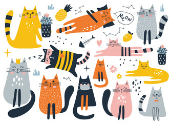 Set with cute cat. Kids print. Vector