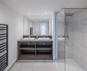 Modern bathroom interior design wood and stone