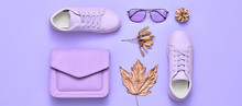Autumn Fashionable Outfit, Maple Leaf. Woman Accessories Set. Minimal Creative Autumnal Flat Lay. Fashion Shoes, Trendy Purple Handbag, Glamour Sunglasses. Fall Color.