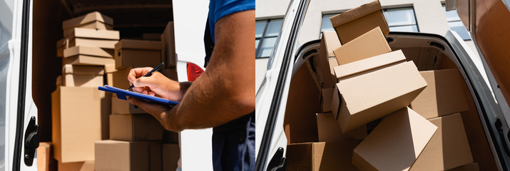 Poster - Collage of loader writing on clipboard near cardboard boxes in truck on urban street