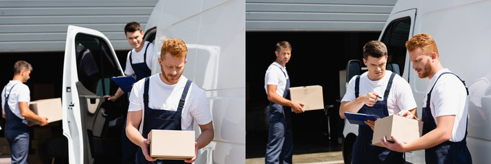 Wall Mural - Collage of movers with clipboard holding cardboard boxes near truck on urban street