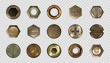 Old Screw And Nail Heads, Steel Metal Bolts, Rusty Rivets Hardware. Round And Hexagon Copper Or Brass Caps Top View Isolated On Transparent Background. Realistic 3d Vector Illustration, Icons Set