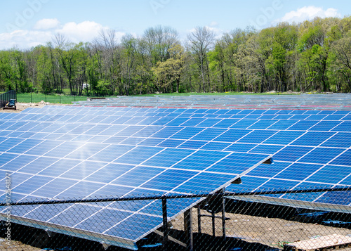 A new solar panel field for a utility power company built on a former farm field in eastern U.S to create green energy