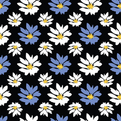 Wall Mural - seamless pattern with vintage hand drawn white, blue wildflowers on black background design