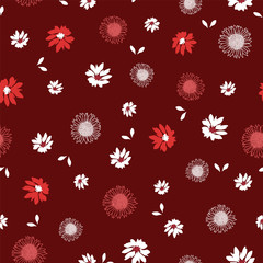 Wall Mural - Seamless pattern with vintage hand drawn wildflowers and sunflower on crimson background design