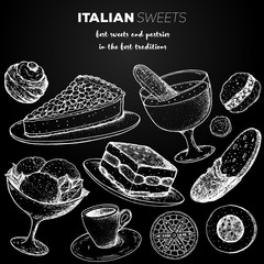 Italian breakfast sketch. Italian dessert vector illustration. Baking collection Vintage design template. Tiramisu, gelato, torta della nonna, zabaglione, biscotti, zeppole, sfinci illustration