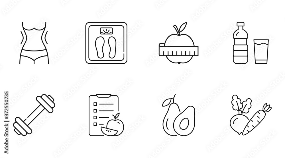 Vector diet icons. Linear icon slimming weight loss editable stroke. Slim waist scales water, apple measurement sport fitness exercise. Diet compilation calorie count vegetables avocado fruits - obrazy, fototapety, plakaty 