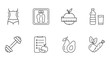© Irene - Vector diet icons. Linear icon slimming weight loss editable stroke. Slim waist scales water, apple measurement sport fitness exercise. Diet compilation calorie count vegetables avocado fruits