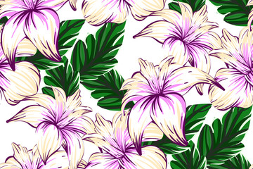 Seamless pattern of hand-drawn wild flowers of orchids and lilies on a background of green decorative leaves. Flower illustration. Flower romance. Great for gift packages, greeting cards. EPS 10