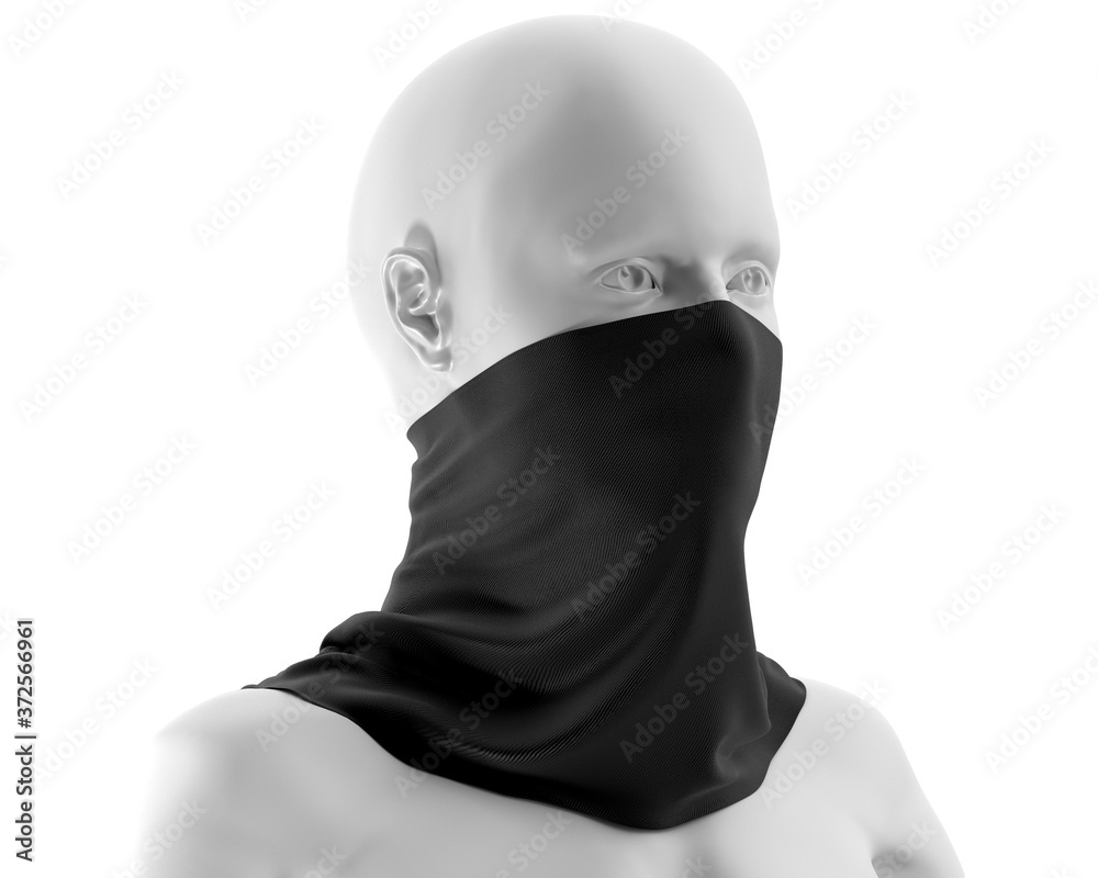 Black Neck gaiter mockup with white mannequin, Dark Fabric necker dust proof 3d Rendering isolated on white background